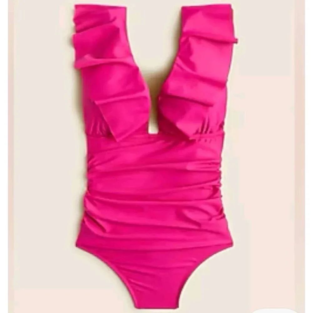 J.Crew Women’s Ruched Ruffle One-Piece Swimsuit Size 2 In Radiant Fuchsia New